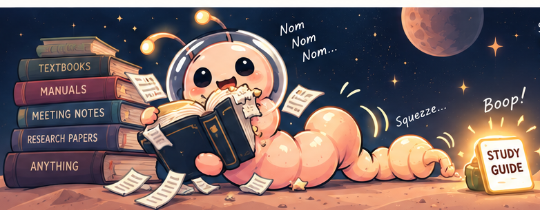 Tom the TomeWorm, a coral space worm in a glass helmet, eating a stack of textbooks, manuals and meeting notes. A small glowing study guide comes out the other end.