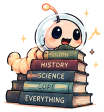Tom sitting on a stack of books labelled history, science, lore and everything